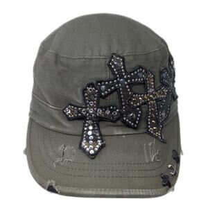 Dream Control Cadet Army Cap Green Medium Distressed Studded Rhinestone